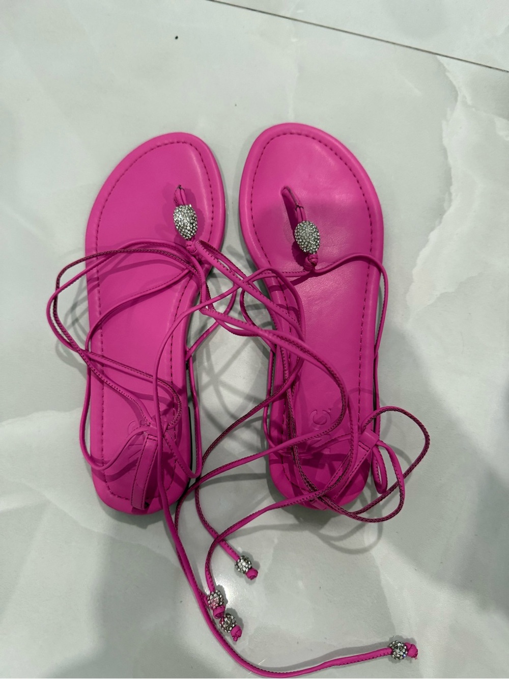 INC International Concepts Hot Pink Lace-Up Thong Sandals with Crystal Buttons